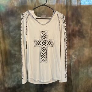 White hoodie with jeweled cross and rhinestones